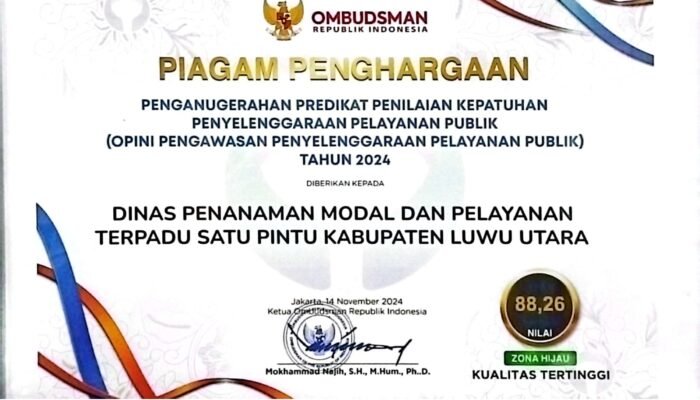 DPMPTSP Lutra Raih Penghargaan Pelayanan Publik Kualitas Tertinggi dari Ombudsman