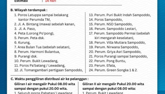 Perumda TM Palopo Umumkan Perbaikan Filter II IPAM 4 Mungkajang, Distribusi Air Dijalankan Bergiliran