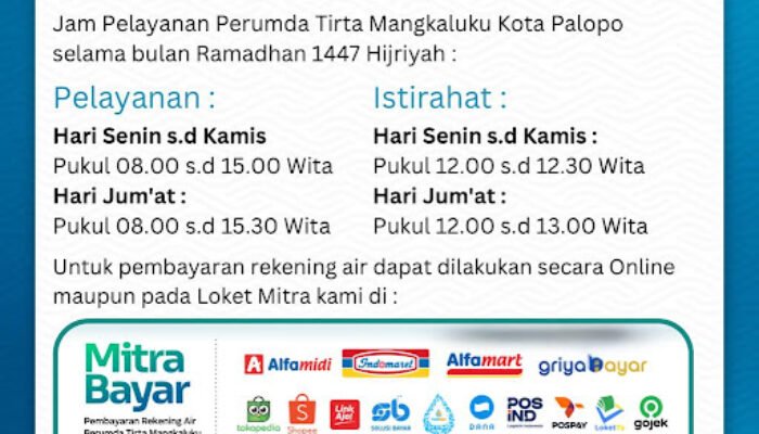 Perumda Tirta Mangkaluku Sesuaikan Jam Pelayanan Selama Ramadan 1447 H