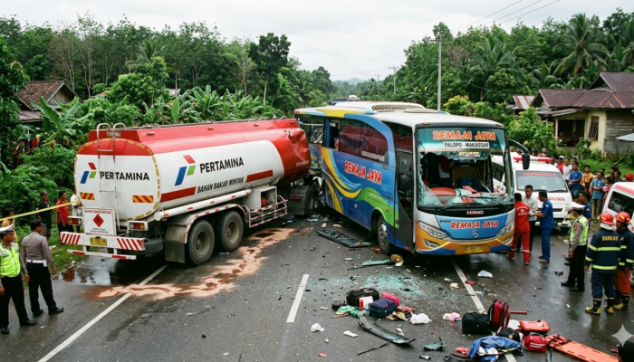 Bus Remaja Jaya Tabrakan dengan Truk Tangki di Luwu, Satu Orang Tewas